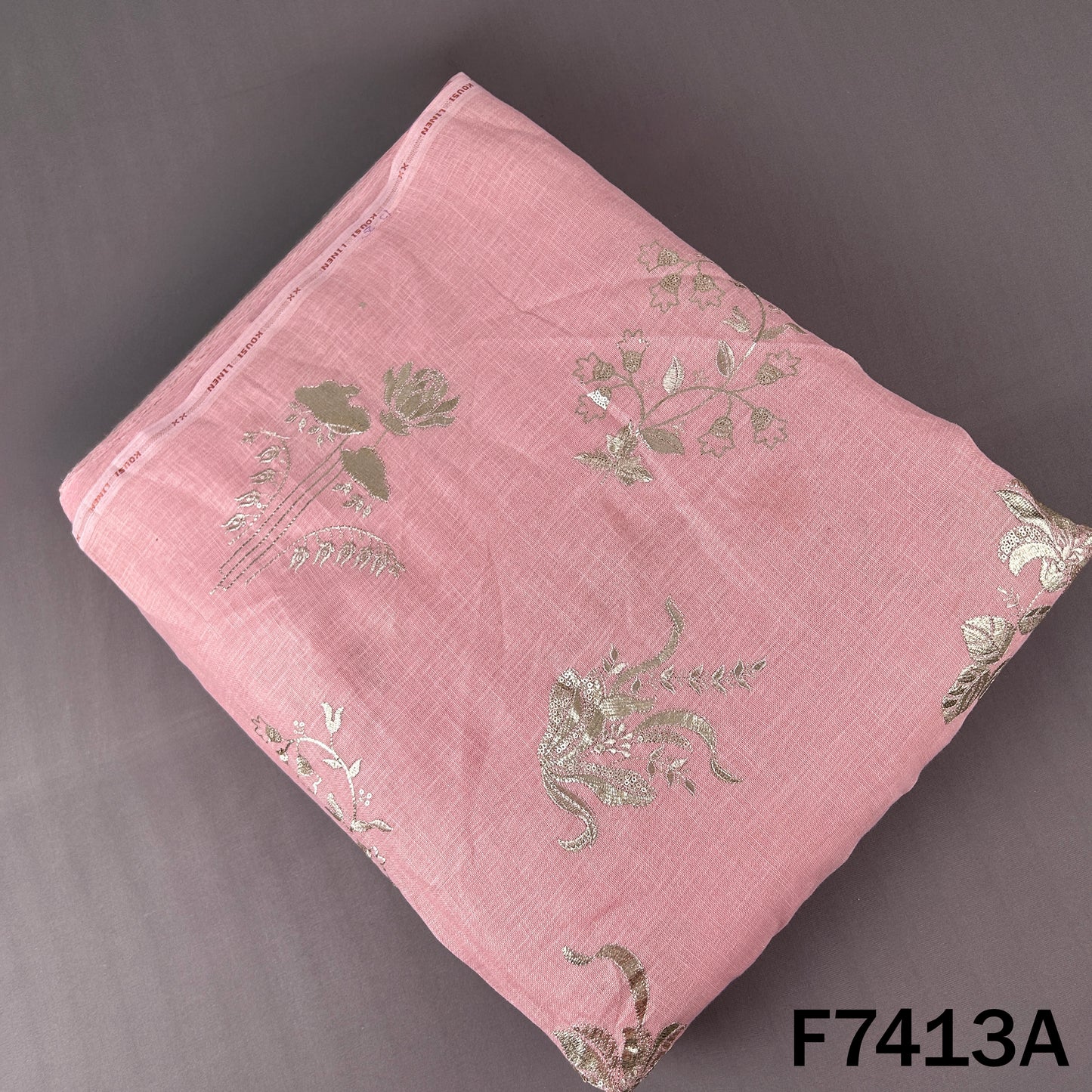 Zari Sequins Foil Work Linen Fabric - F7413