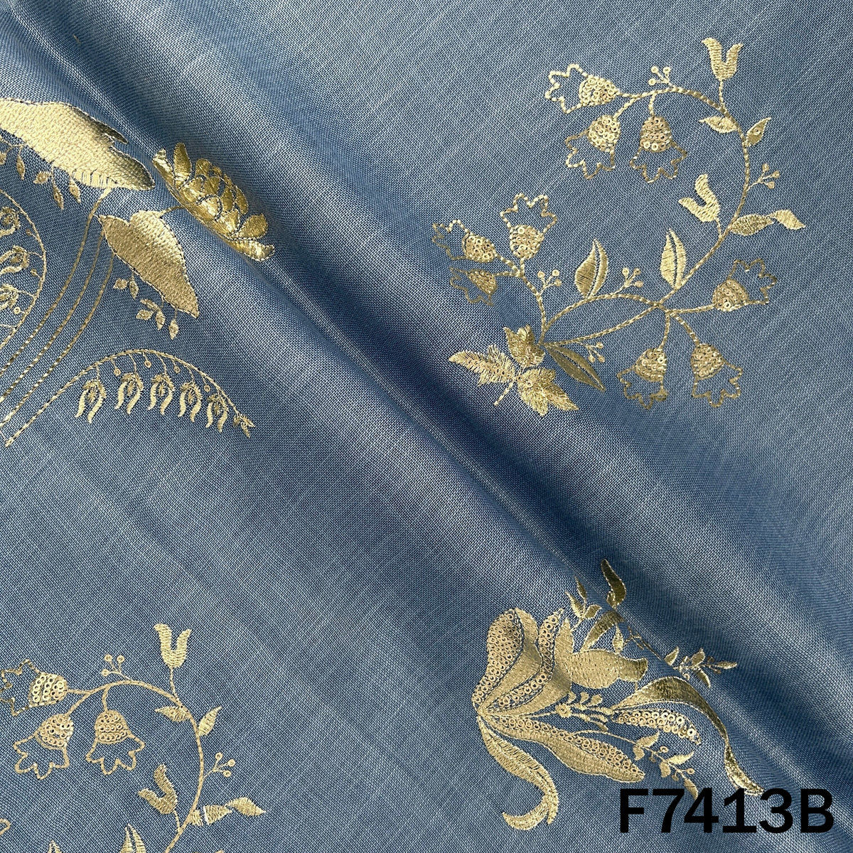 Zari Sequins Foil Work Linen Fabric - F7413