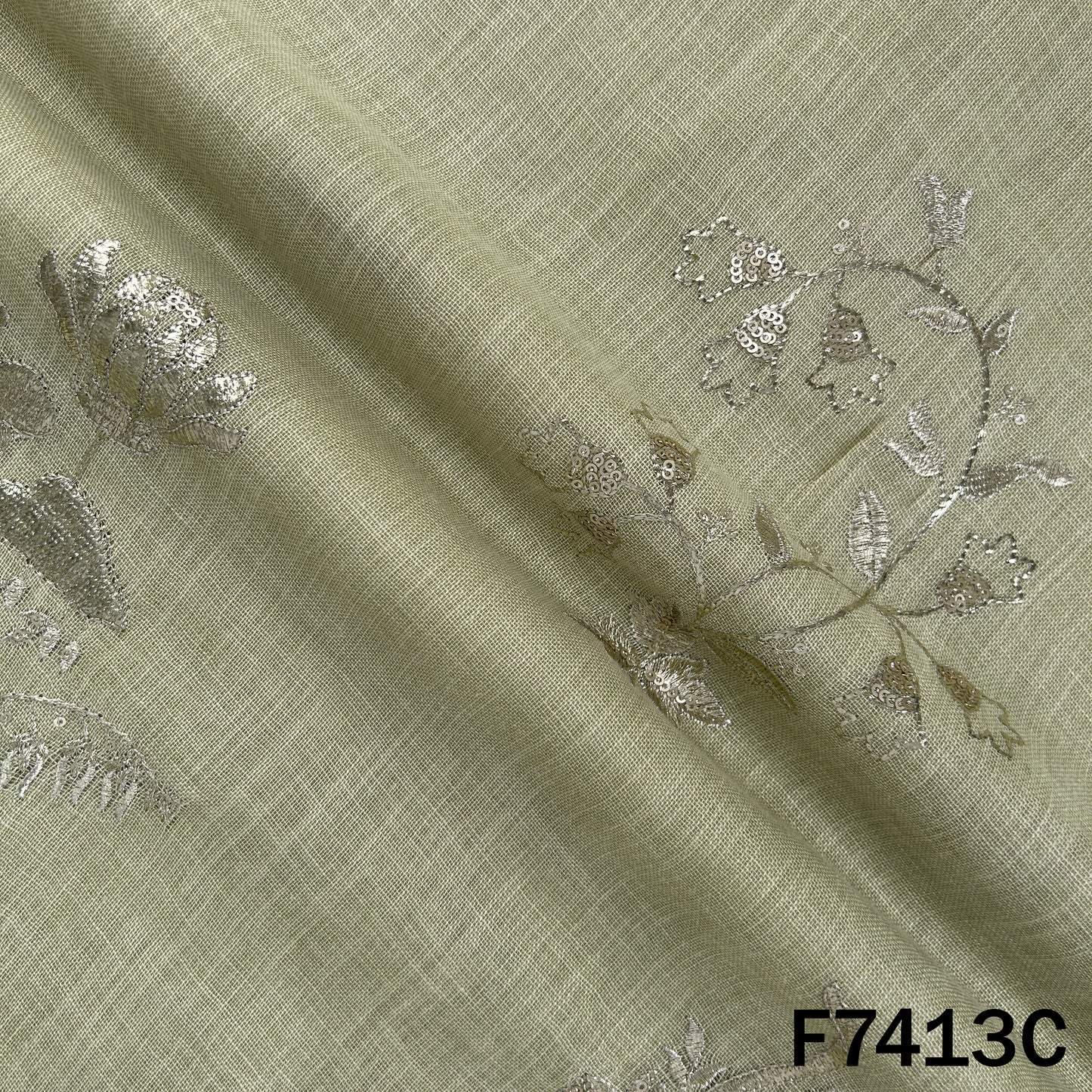 Zari Sequins Foil Work Linen Fabric - F7413