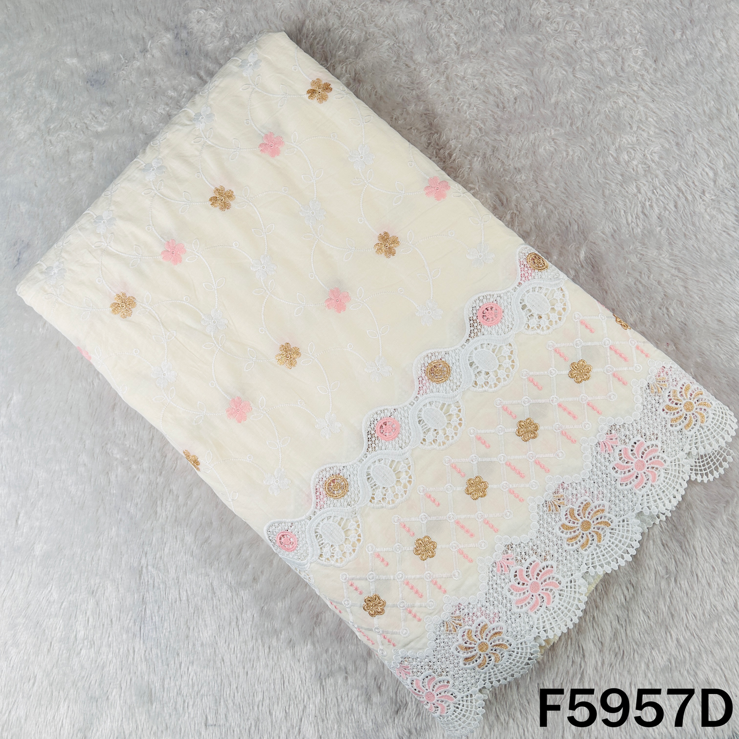 Thread Embroidered Lace Work Cambric Cotton Fabric - F5957