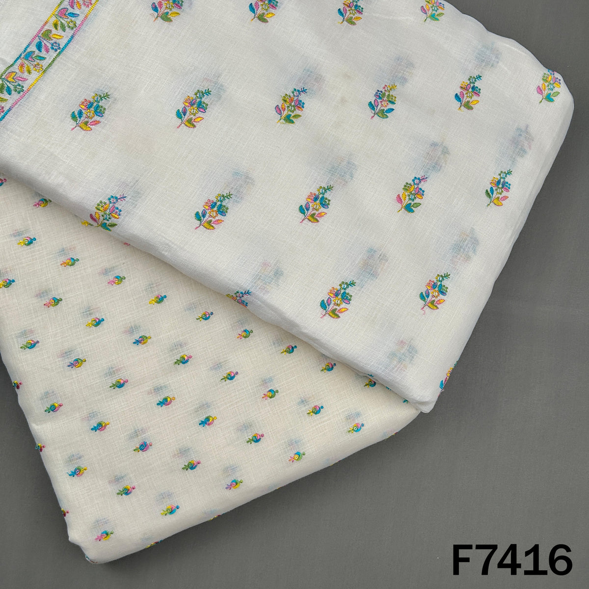 Thread Sequins Buti Work Linen Fabric - F7416