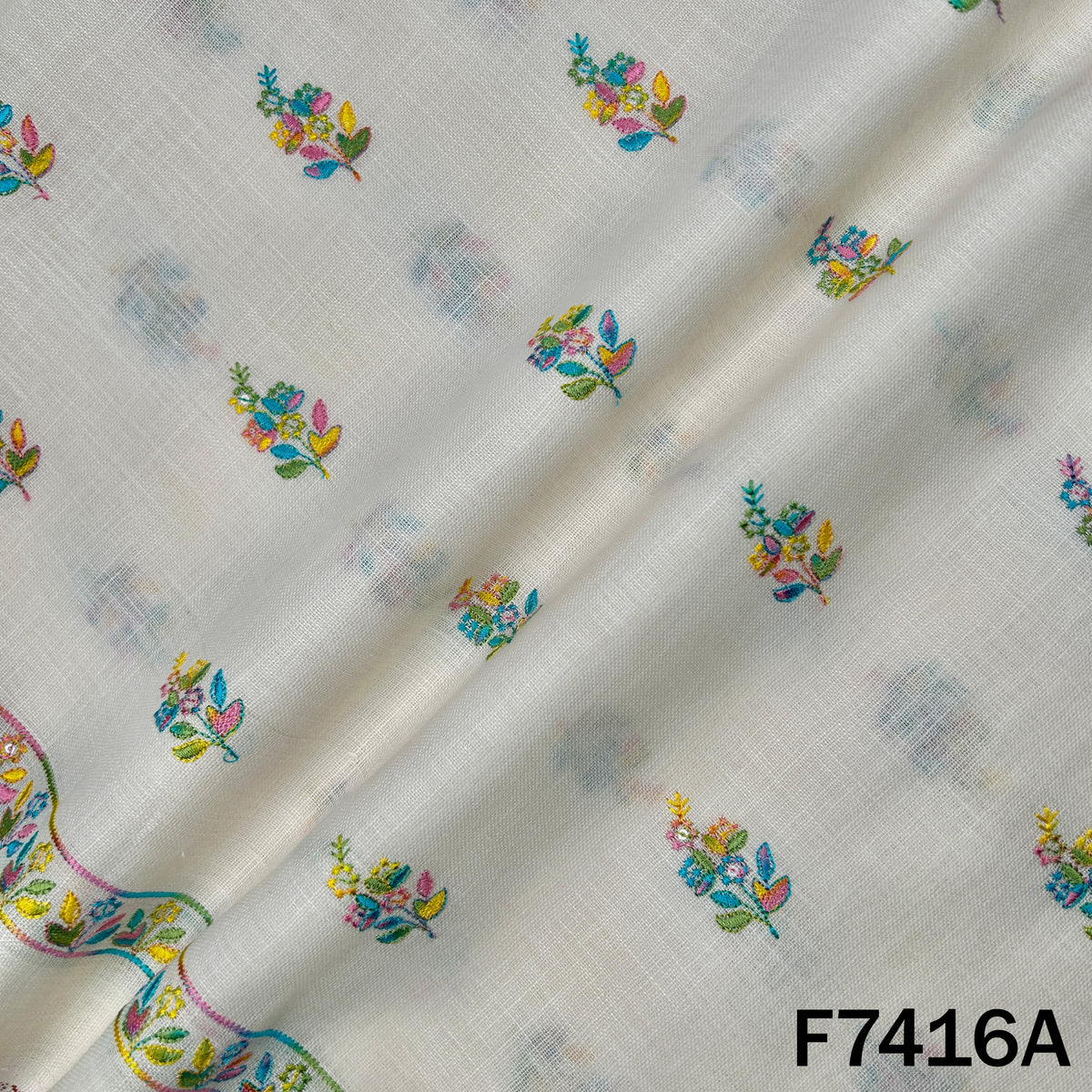 Thread Sequins Buti Work Linen Fabric - F7416