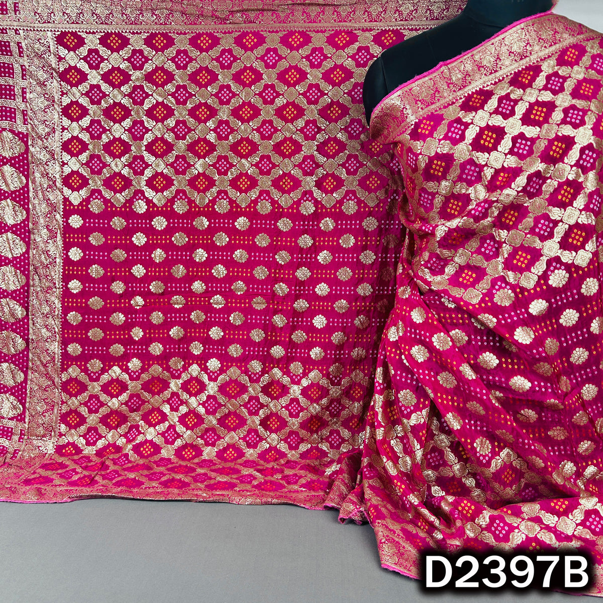Bandhani Print Zari Work Dola Silk Dupatta - D2397