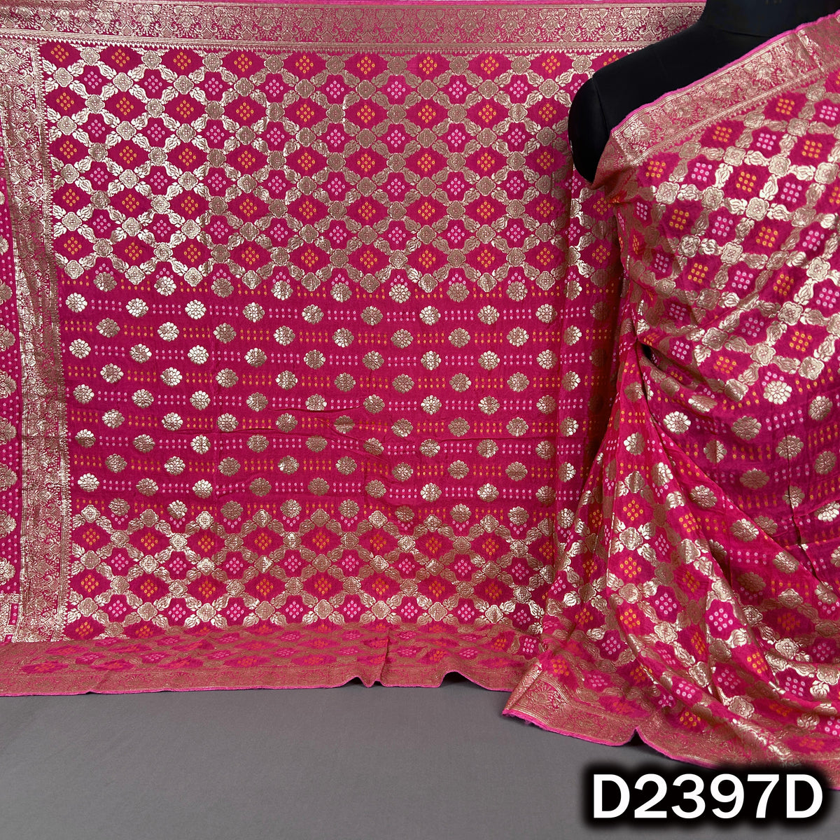 Bandhani Print Zari Work Dola Silk Dupatta - D2397
