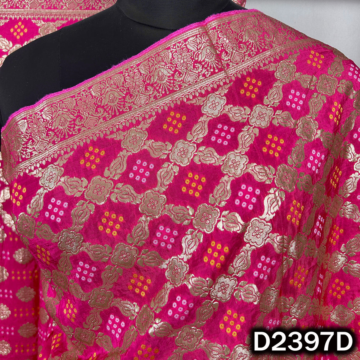 Bandhani Print Zari Work Dola Silk Dupatta - D2397