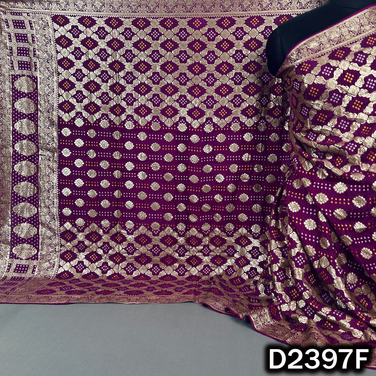 Bandhani Print Zari Work Dola Silk Dupatta - D2397