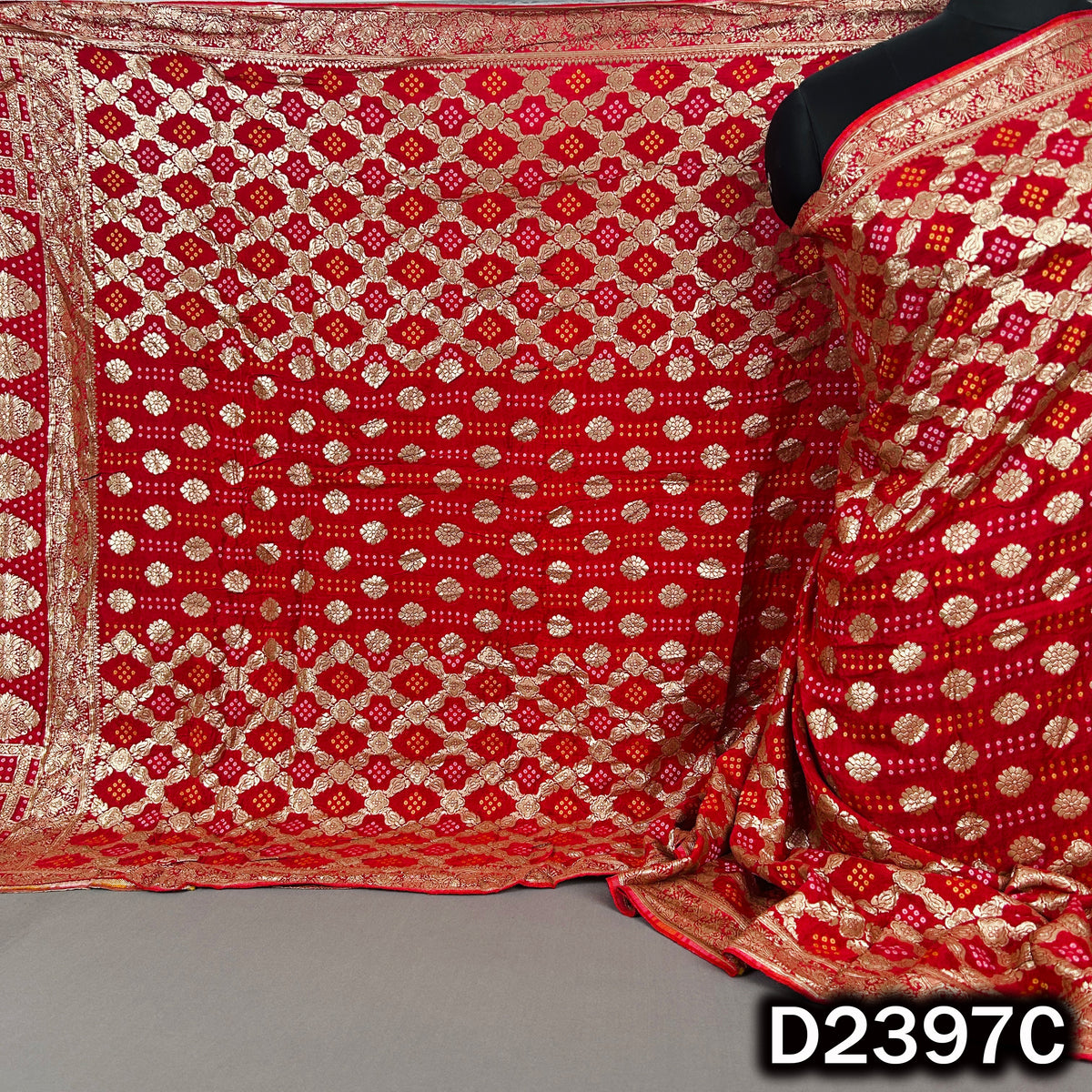 Bandhani Print Zari Work Dola Silk Dupatta - D2397