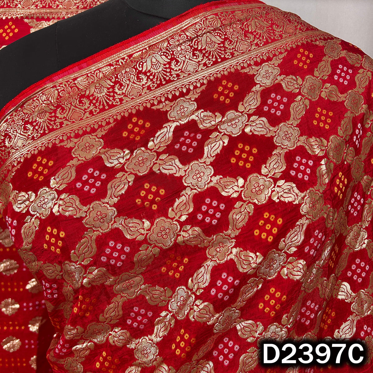 Bandhani Print Zari Work Dola Silk Dupatta - D2397