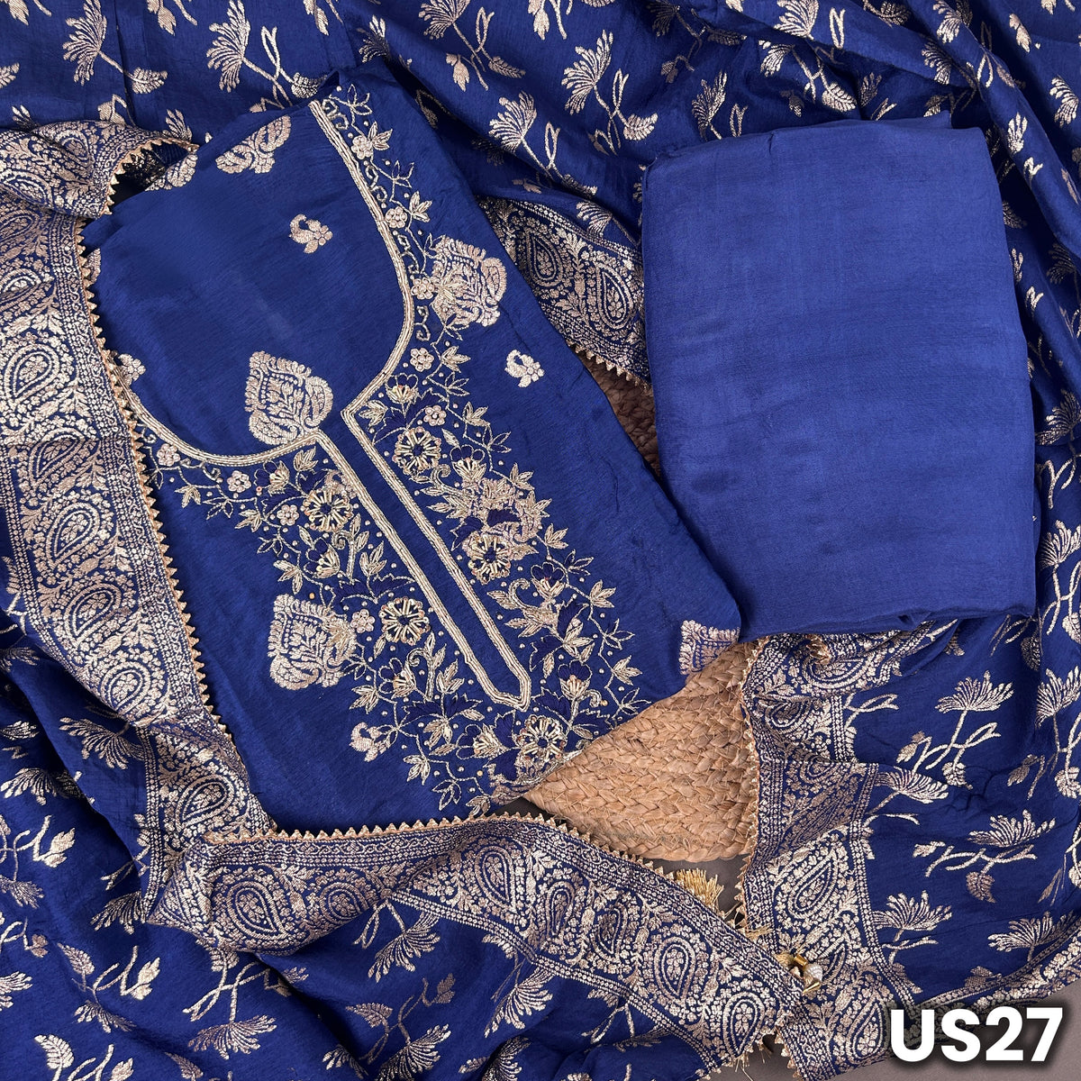 Royal Blue Dola Silk Unstitched Suit Set - US27