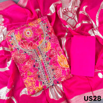 Rani Pink Upada Silk Unstitched Suit Set - US28