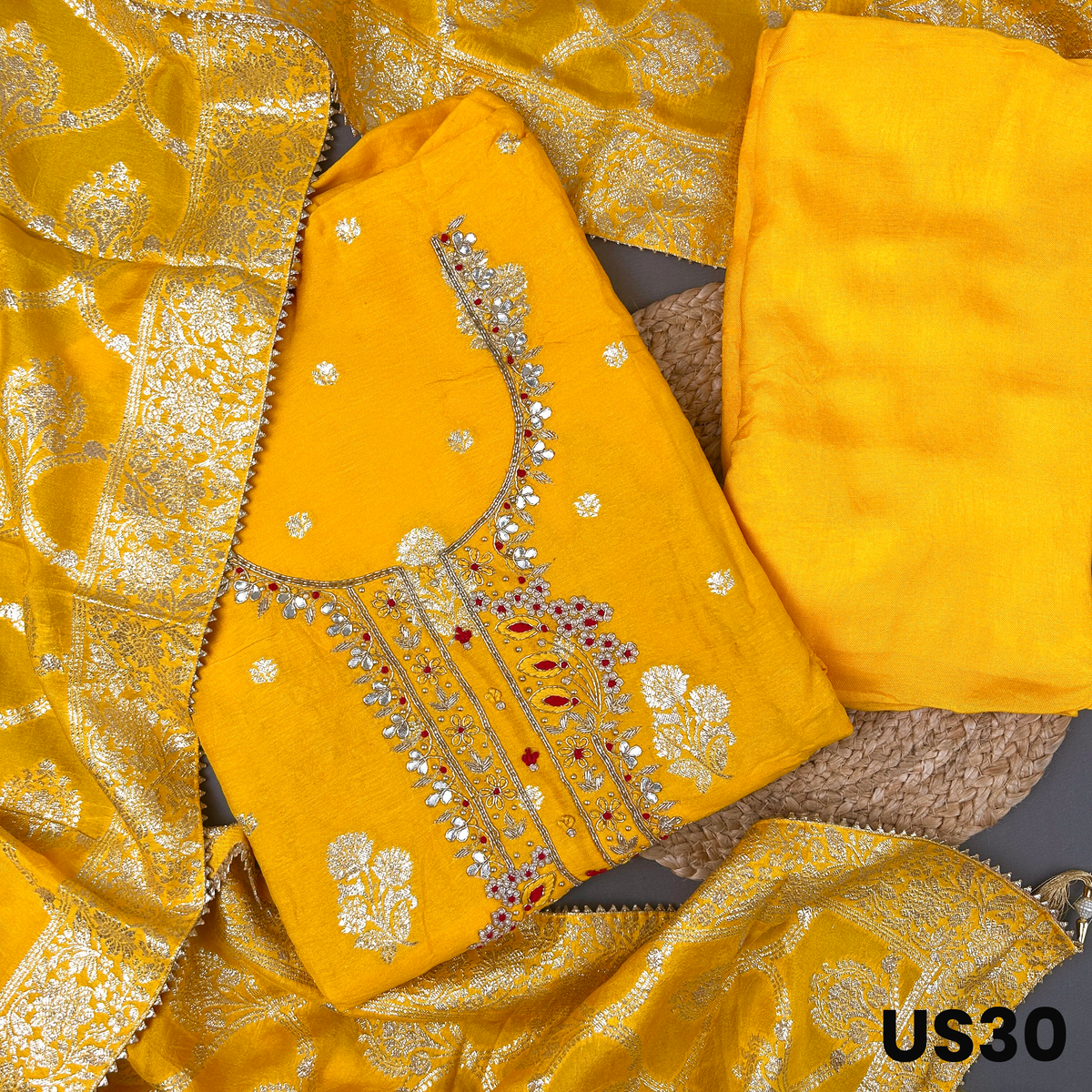 Mustard Yellow Dola Silk Banarasi Embroidered Unstitched Suit Set - US30