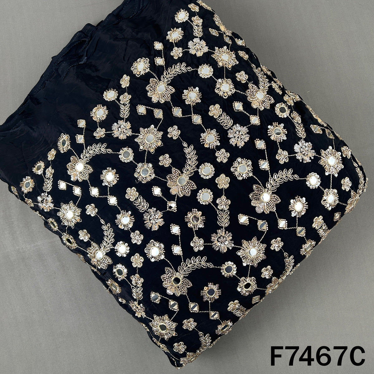 Cut Dana Faux Mirror Zari Sequins Embroidered Crepe Fabric - F7467