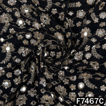 Cut Dana Faux Mirror Zari Sequins Embroidered Crepe Fabric - F7467