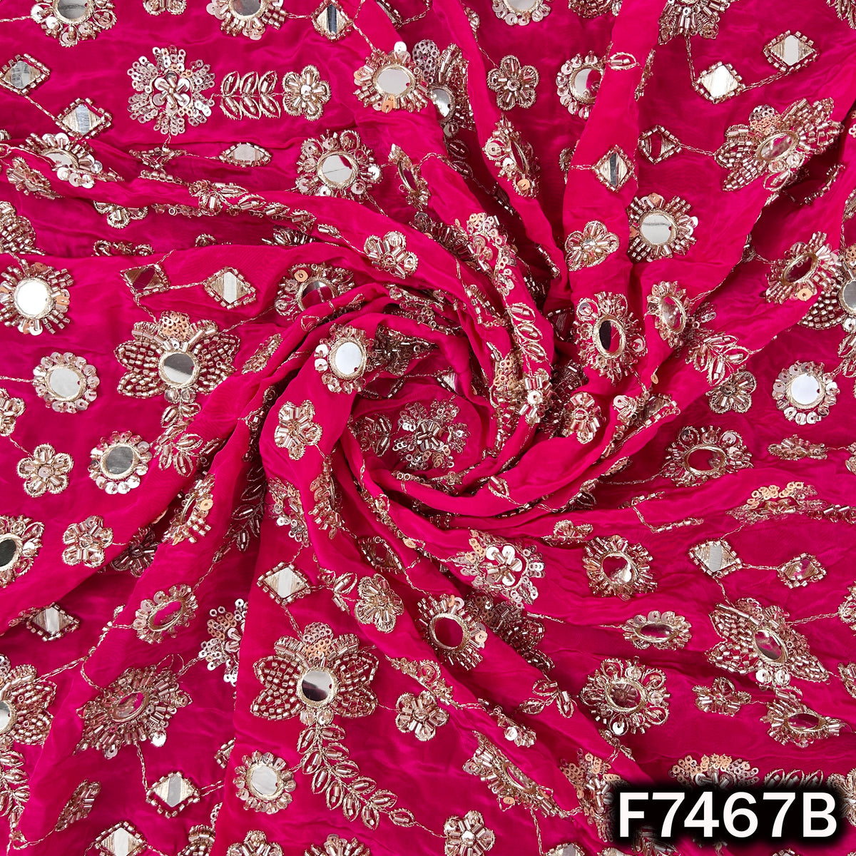Cut Dana Faux Mirror Zari Sequins Embroidered Crepe Fabric - F7467