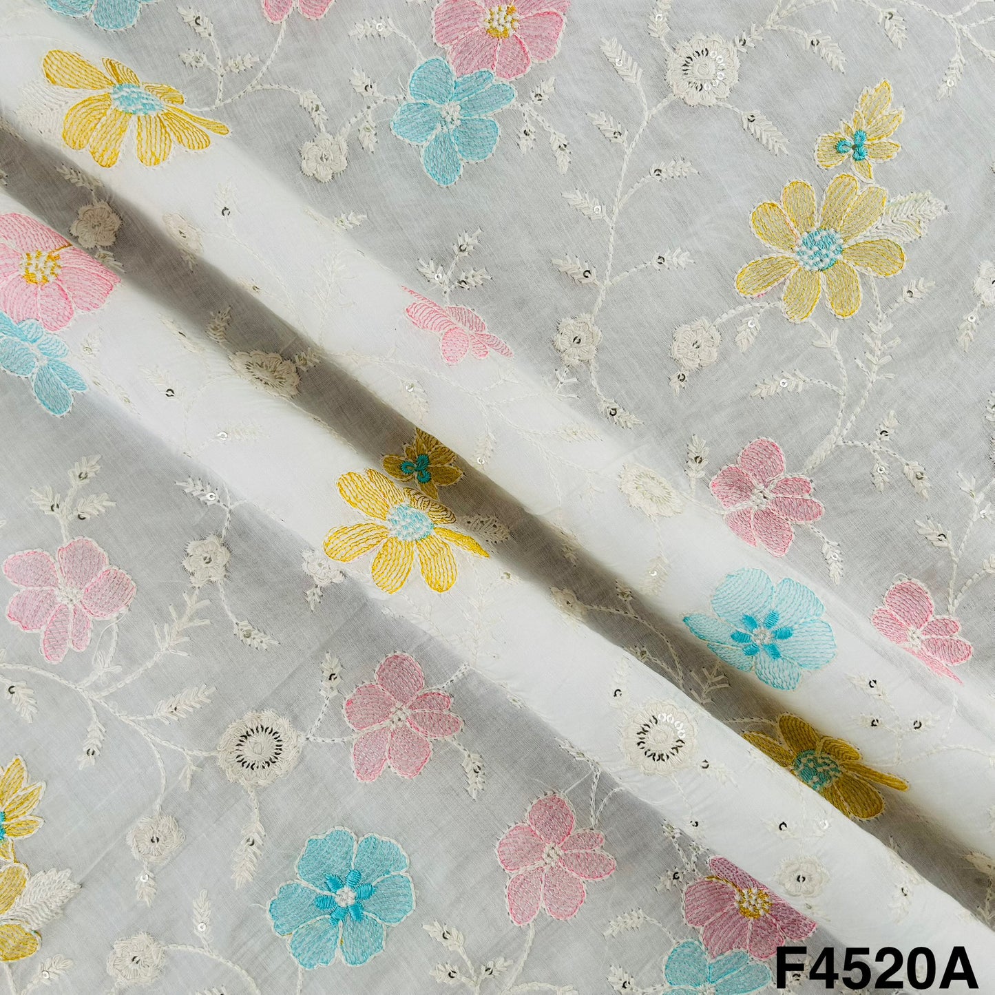 Thread Sequins Embroidered Mul Chanderi Fabric- F4520