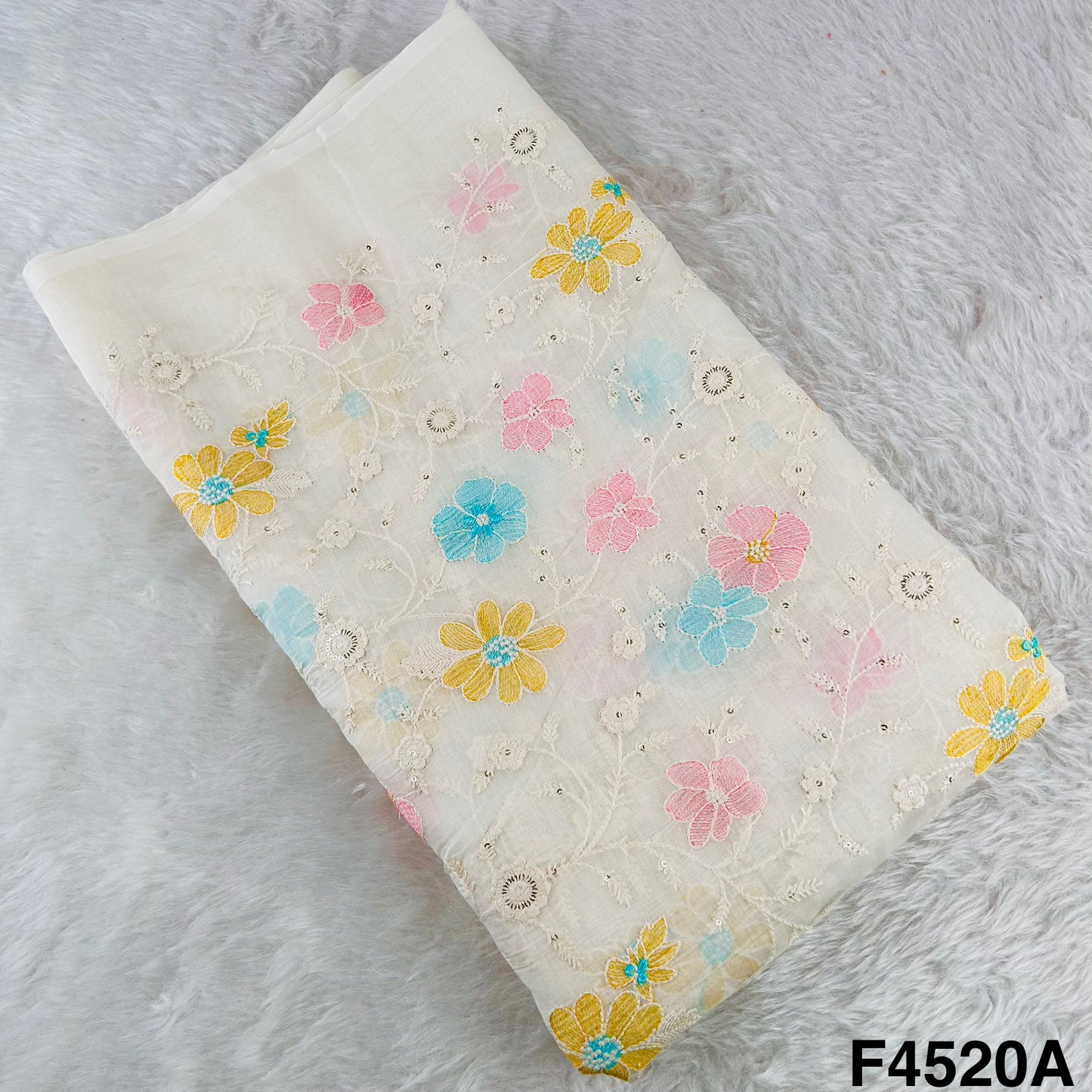 Thread Sequins Embroidered Mul Chanderi Fabric- F4520