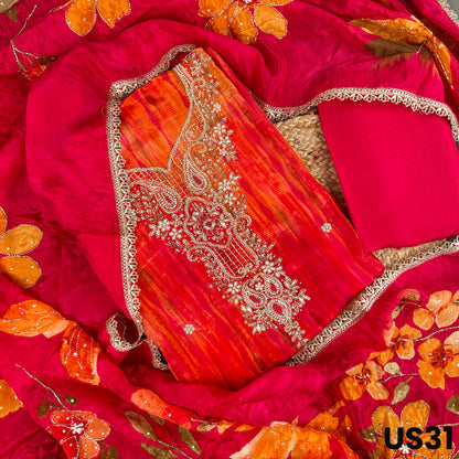 Pink & Orange Upada Silk Floral Embroidered Suit Set - US31