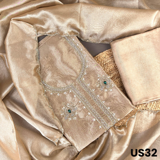 Champagne Gold Glass Tissue Embroidered Unstitched Suit Set - US32