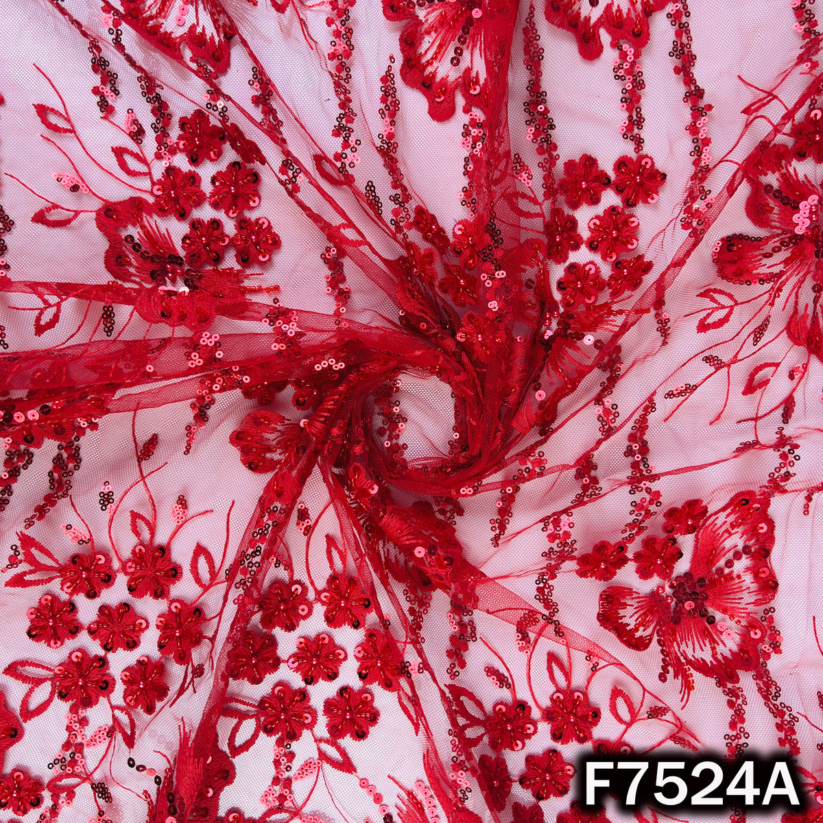 Cut Dana Thread Sequins Embroidered Net Fabric - F7524