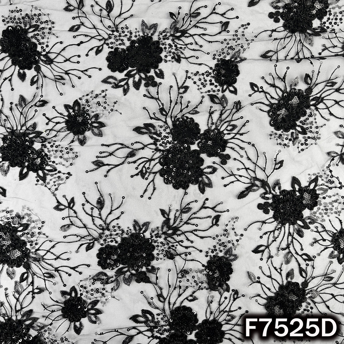 Cut Dana Thread Sequins Embroidered Net Fabric - F7525