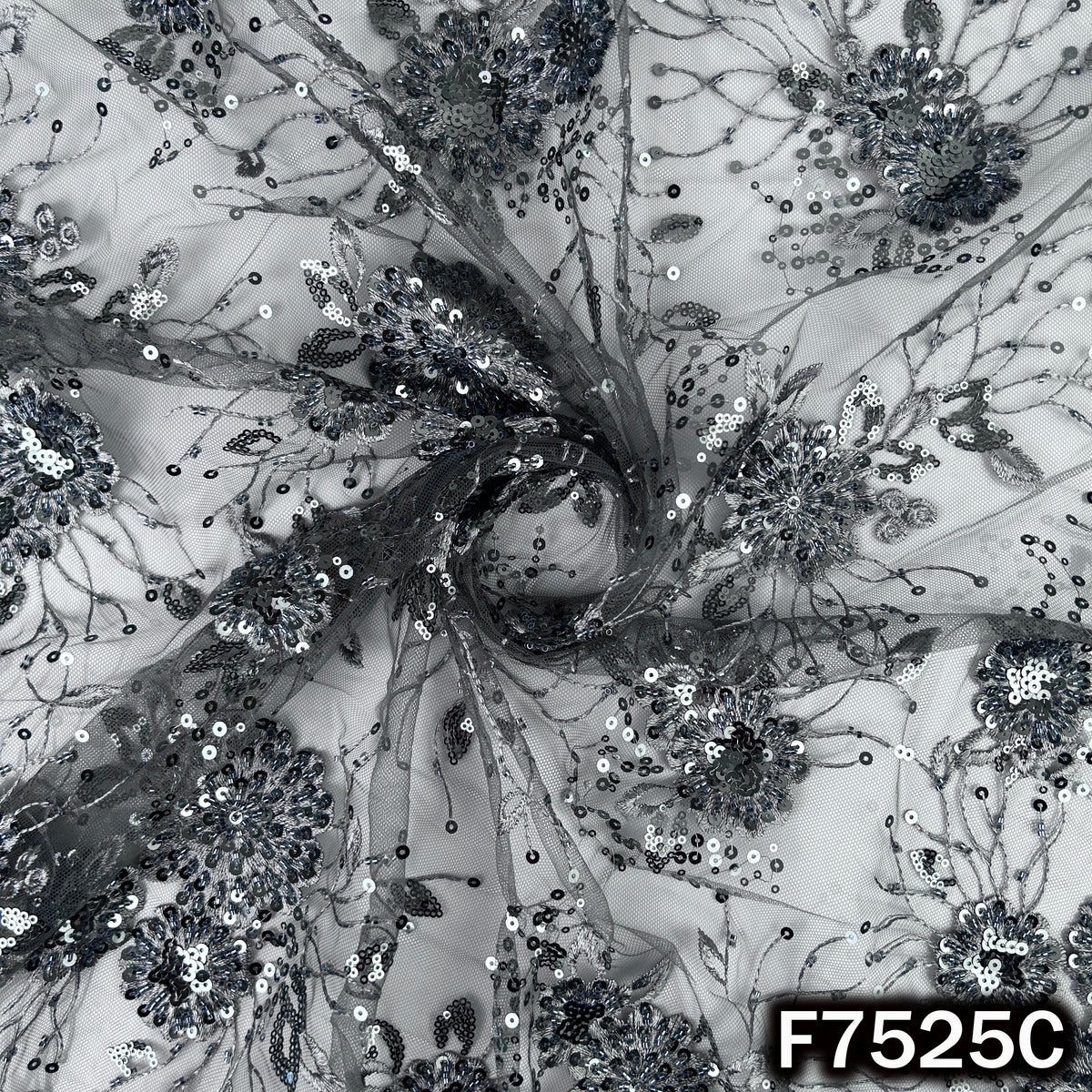 Cut Dana Thread Sequins Embroidered Net Fabric - F7525