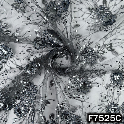 Cut Dana Thread Sequins Embroidered Net Fabric - F7525