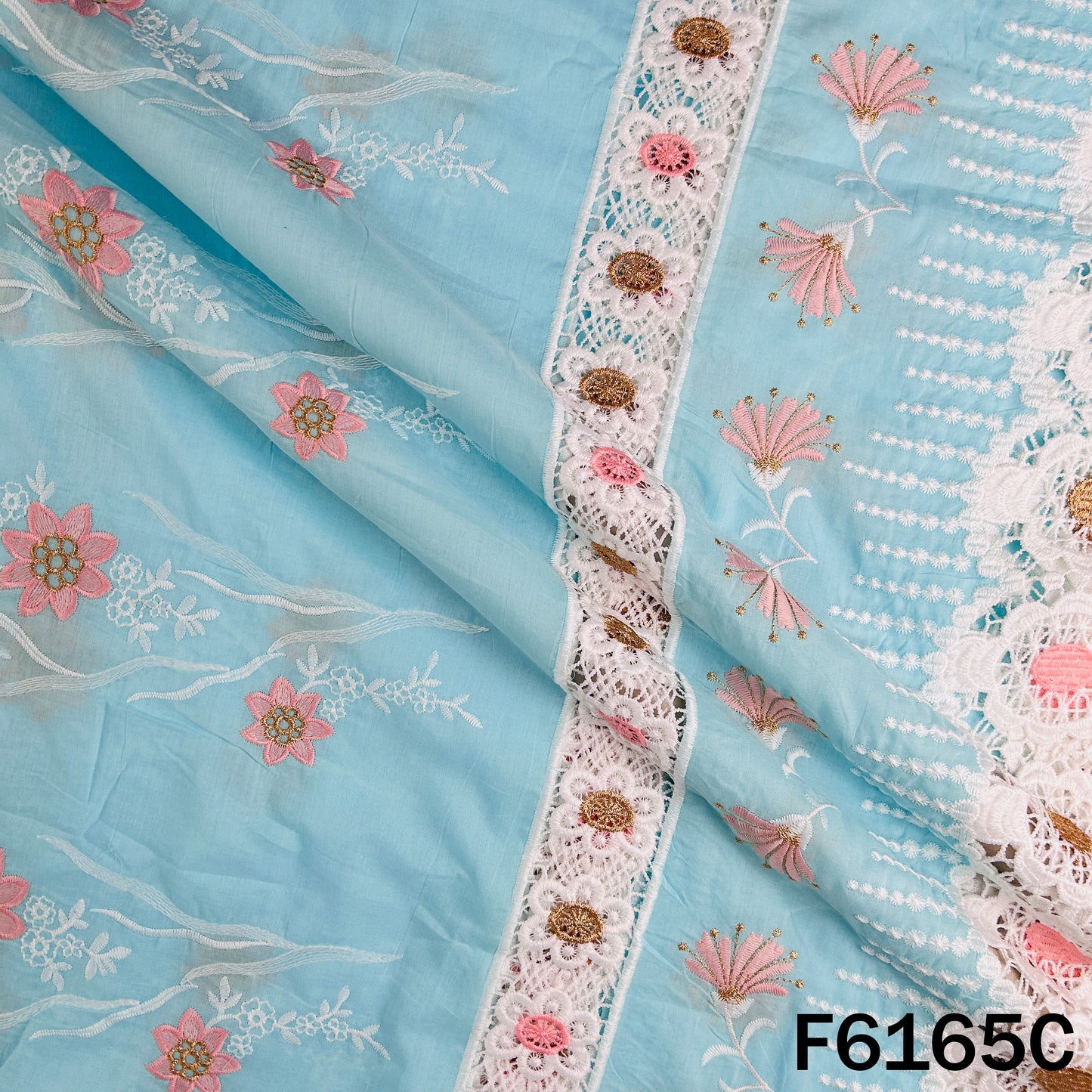 Zari Thread Embroidered Cut Work Cotton Fabric - F6165