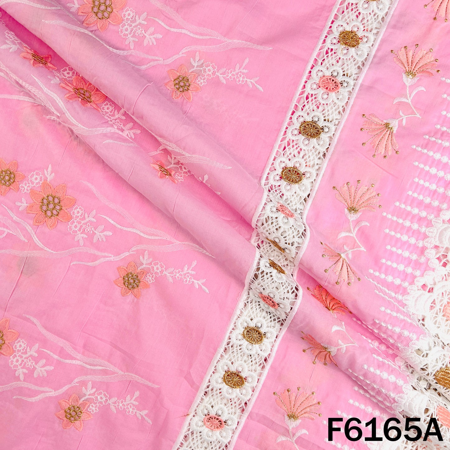 Zari Thread Embroidered Cut Work Cotton Fabric - F6165
