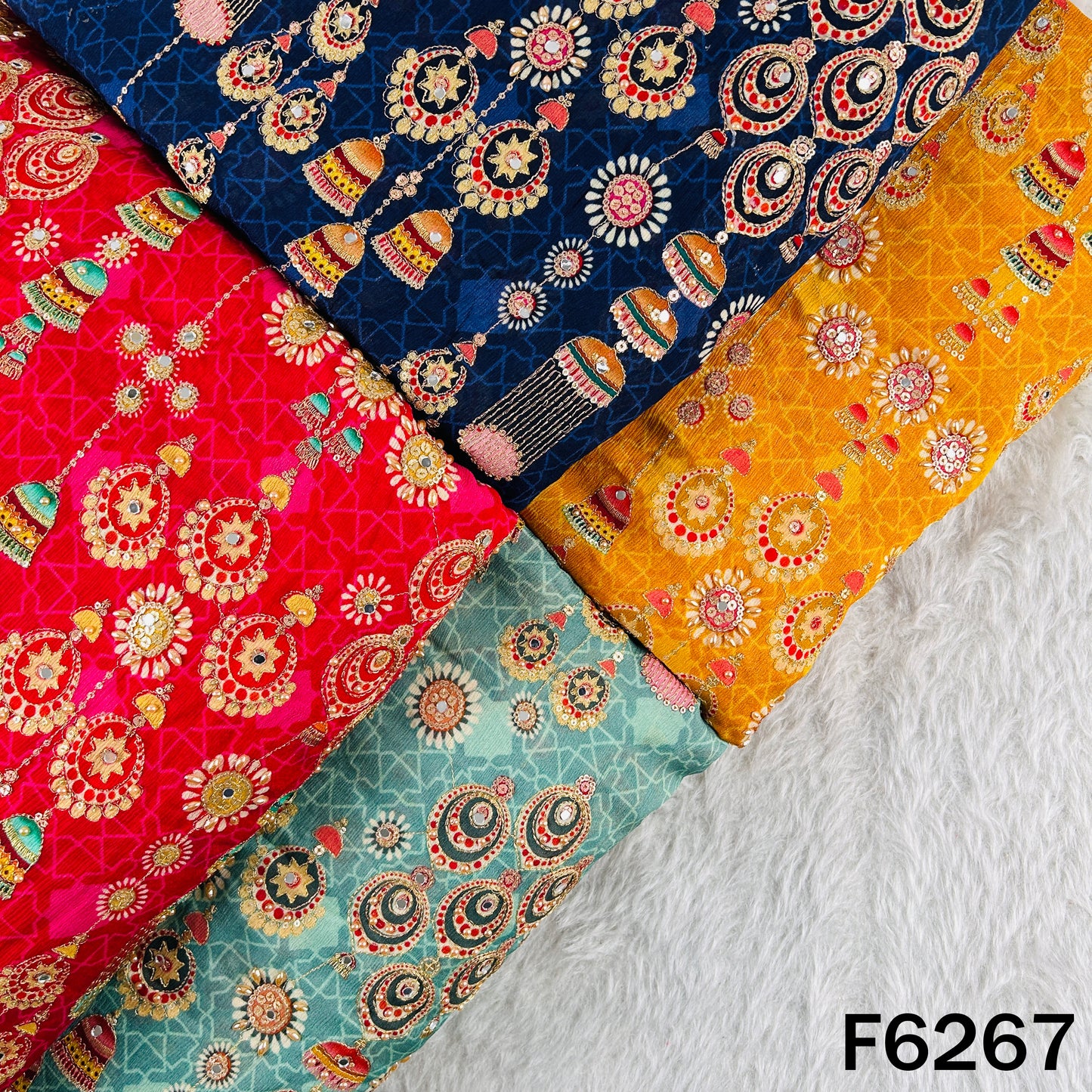 Positional Print Zari Sequins Mirror & Stone Work Chinnon Chiffon Fabric - F6267