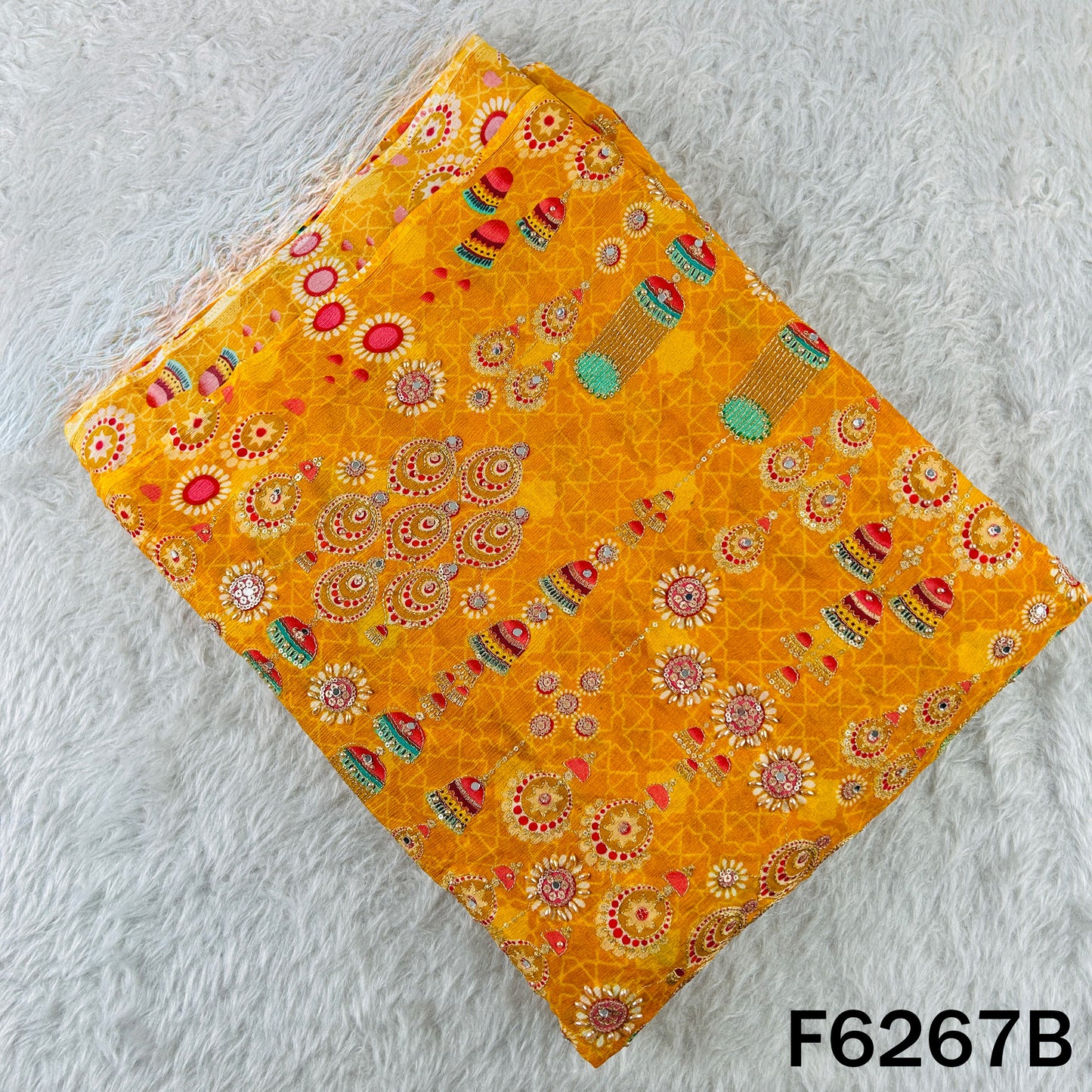 Positional Print Zari Sequins Mirror & Stone Work Chinnon Chiffon Fabric - F6267