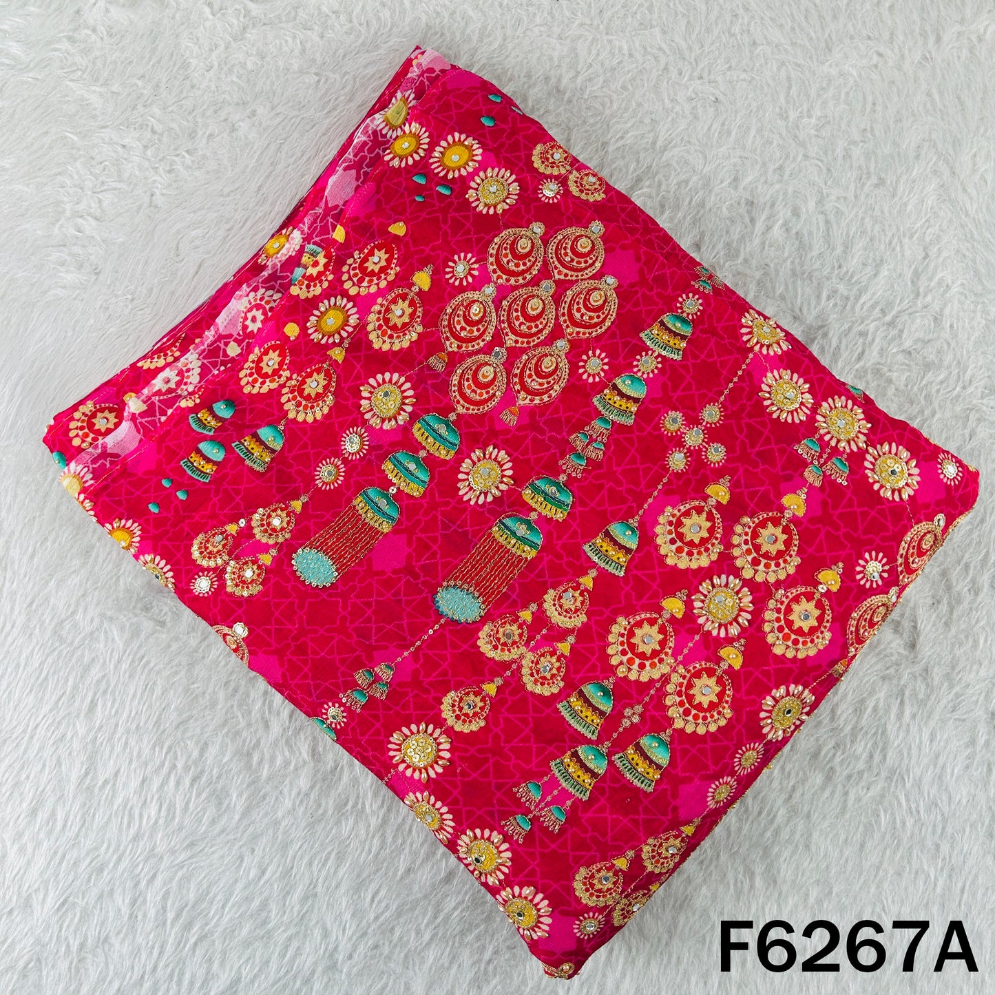 Positional Print Zari Sequins Mirror & Stone Work Chinnon Chiffon Fabric - F6267