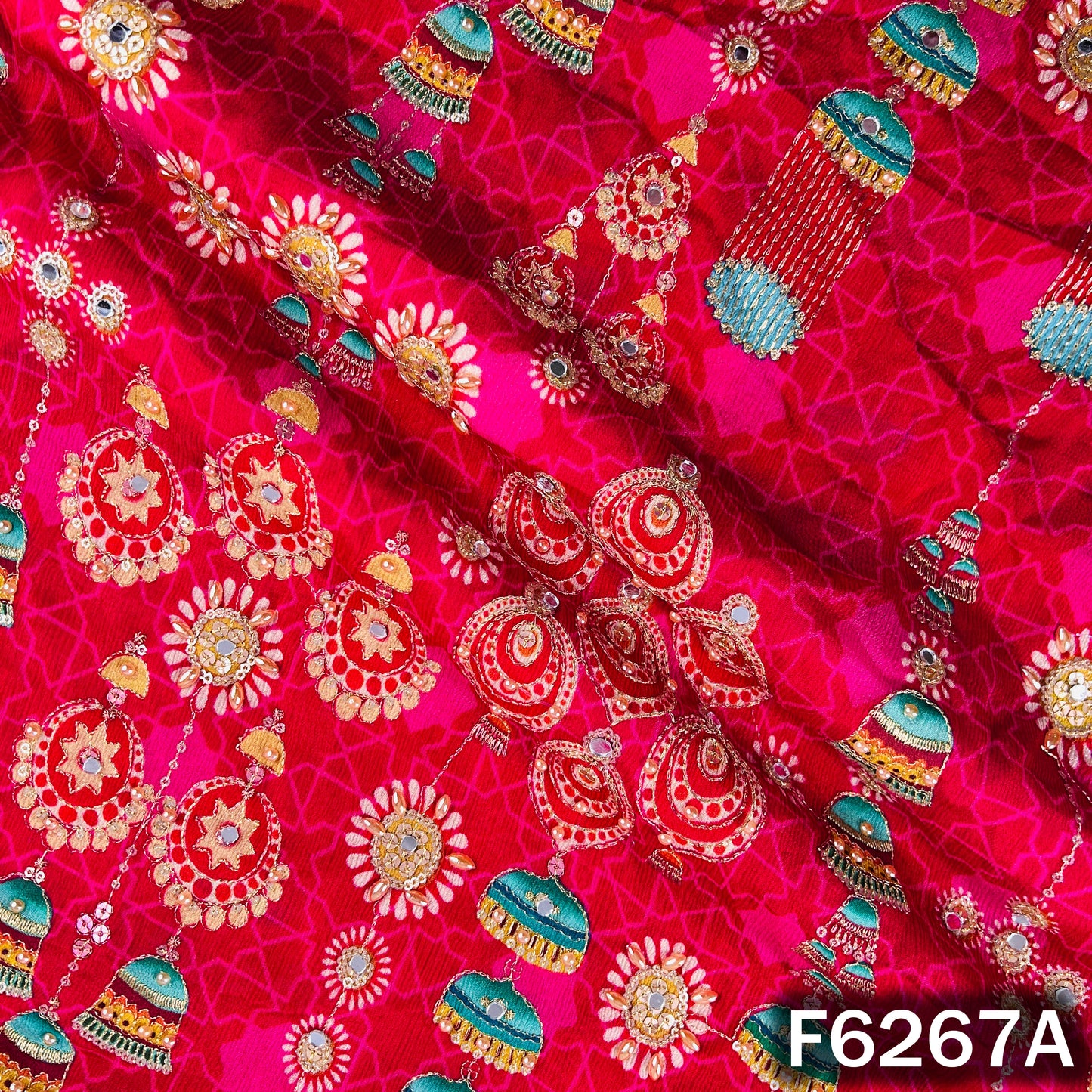 Positional Print Zari Sequins Mirror & Stone Work Chinnon Chiffon Fabric - F6267