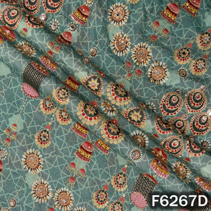 Positional Print Zari Sequins Mirror & Stone Work Chinnon Chiffon Fabric - F6267