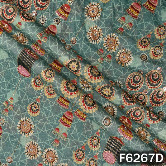 Positional Print Zari Sequins Mirror & Stone Work Chinnon Chiffon Fabric - F6267