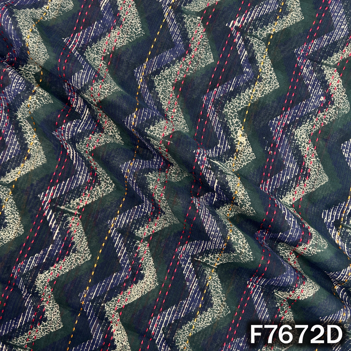 Printed Kantha Stich Pure Chanderi Silk Fabric - F7672