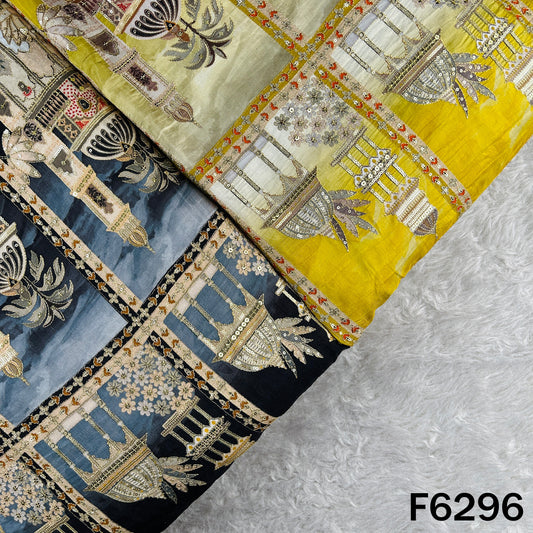 Positional Print Zari Sequins Embroidered Dola Silk Fabric - F6296
