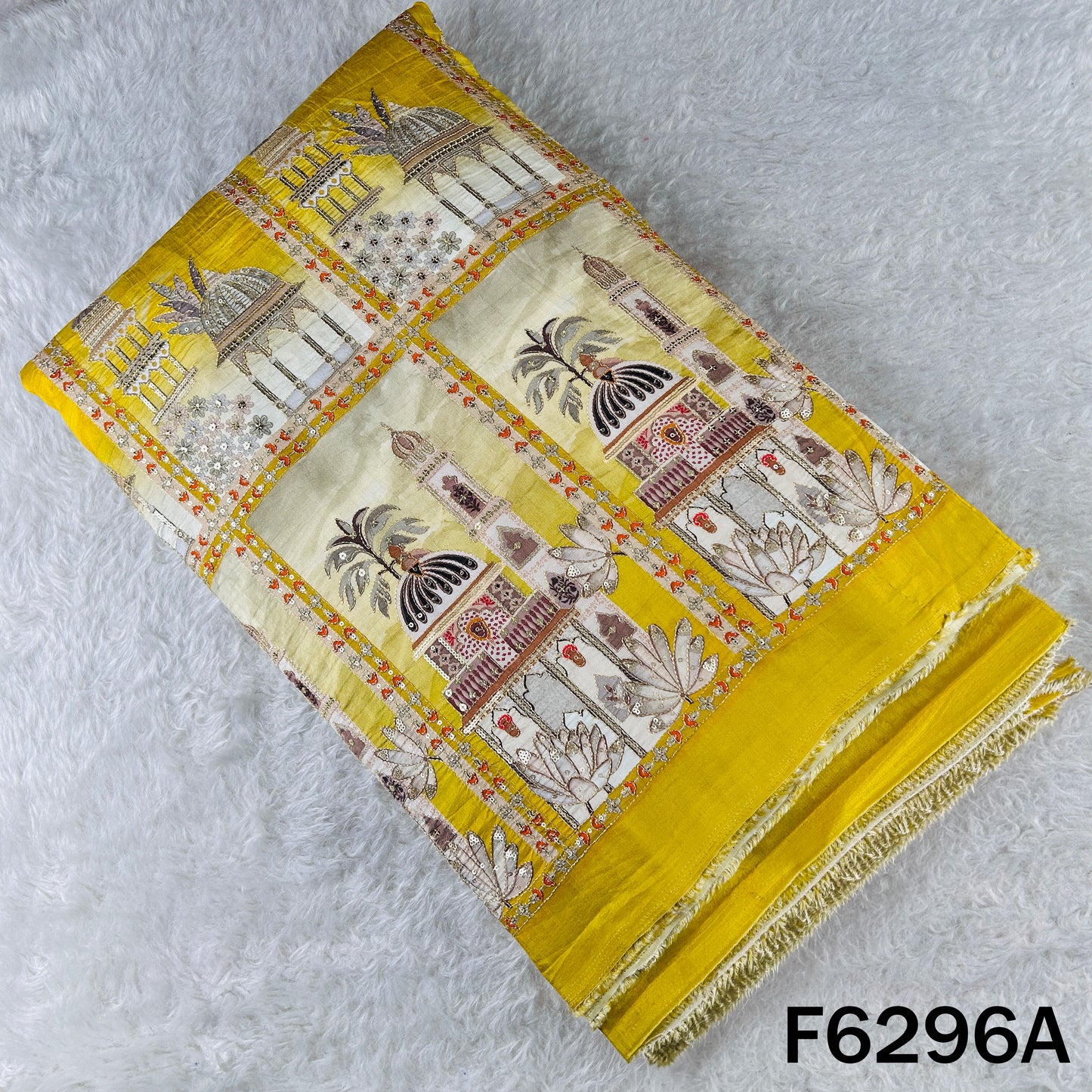 Positional Print Zari Sequins Embroidered Dola Silk Fabric - F6296