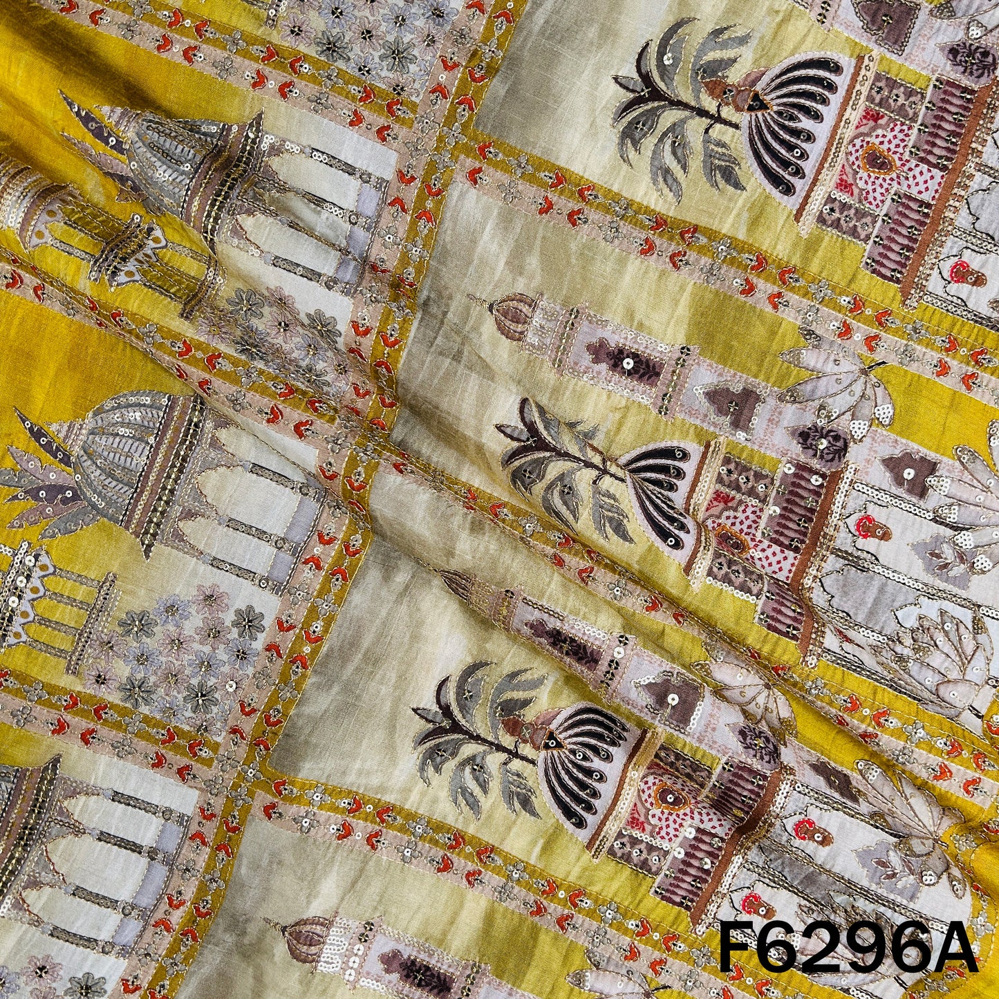 Positional Print Zari Sequins Embroidered Dola Silk Fabric - F6296
