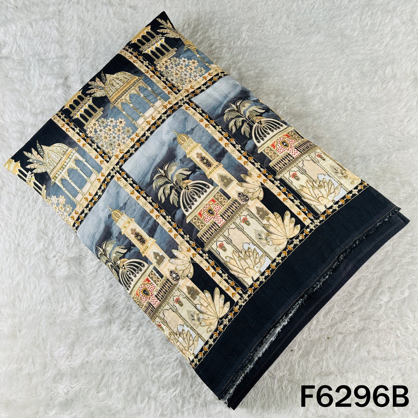 Positional Print Zari Sequins Embroidered Dola Silk Fabric - F6296