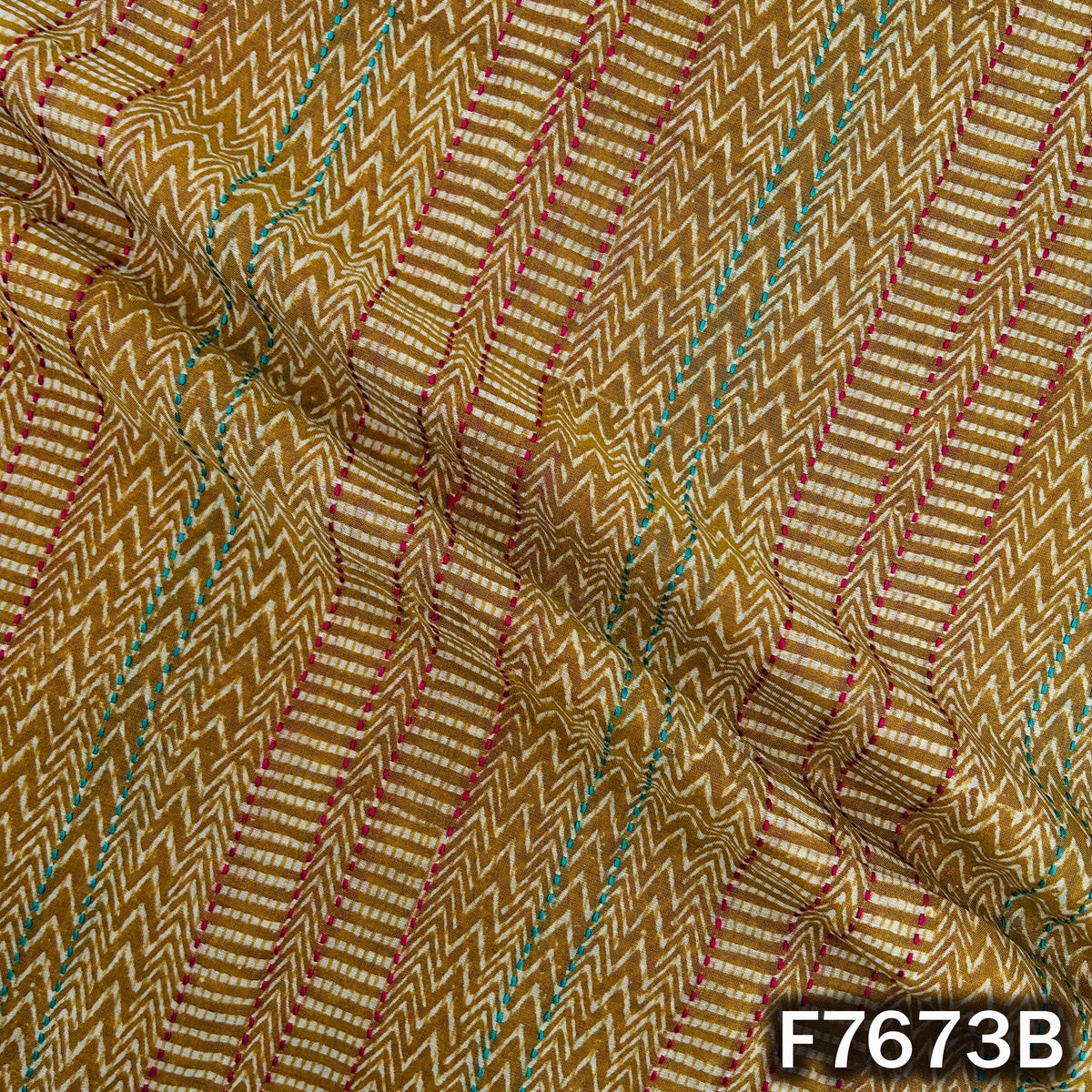 Printed Kantha Stich Pure Chanderi Silk Fabric - F7673