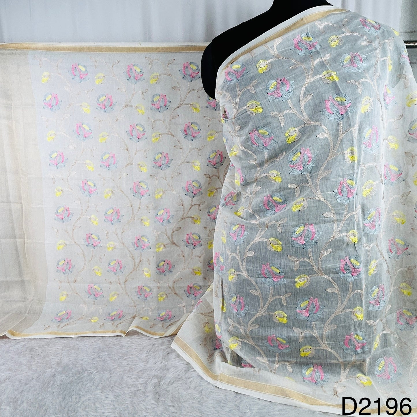 Dyeable Thread Embroidered Pure Chanderi Silk Dupatta-D2196