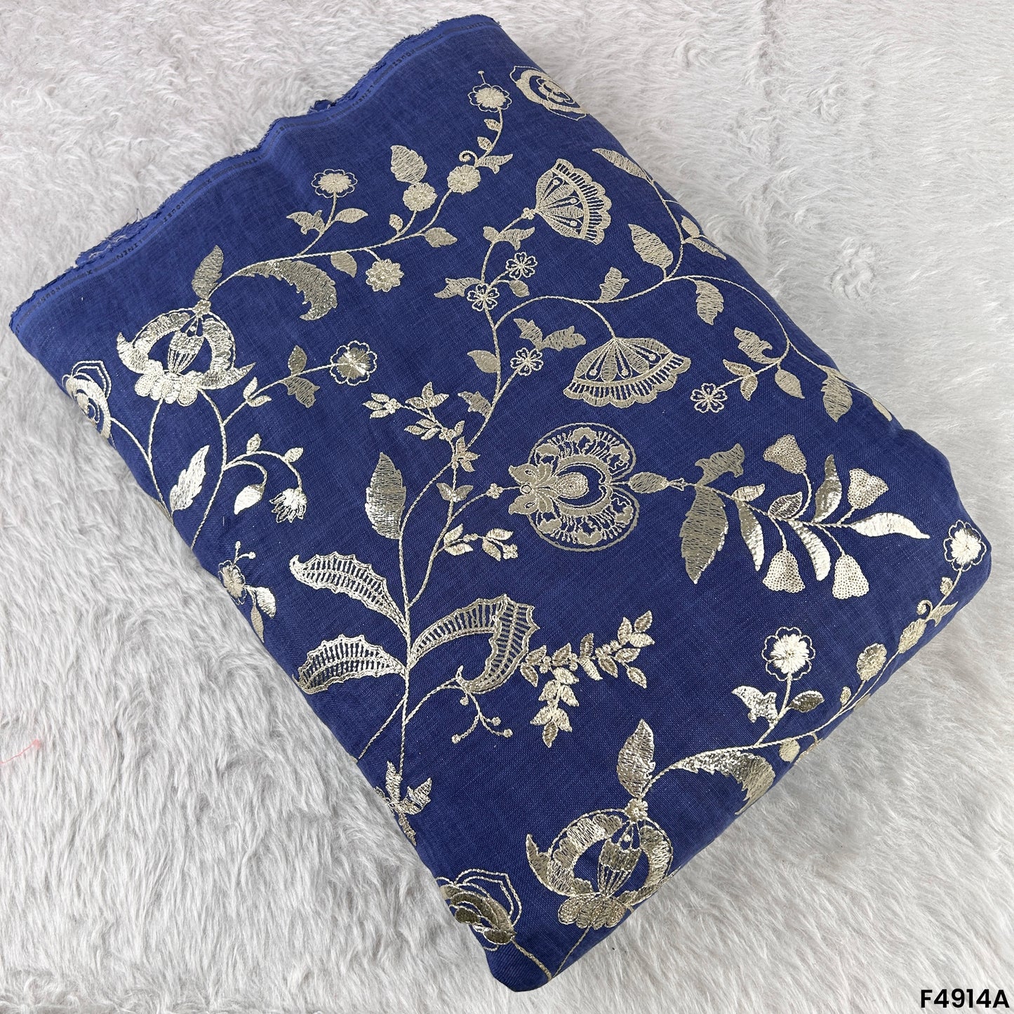 Zari Thread Embroidered Linen Cotton Fabric-F4914