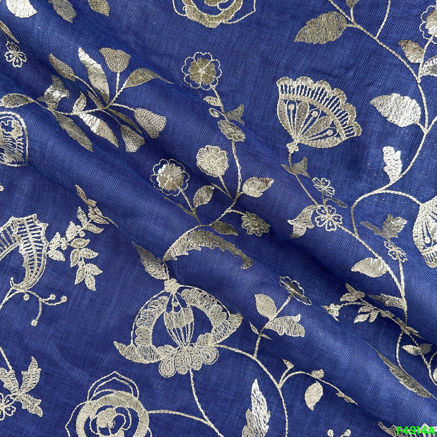 Zari Thread Embroidered Linen Cotton Fabric-F4914