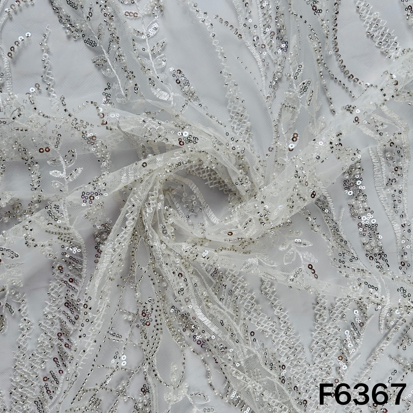 Cut Dana Sequins Pearl Thread Embroidered Net Fabric - F6367