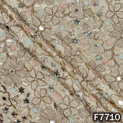 Dyeable Cut Dana Faux Mirror Zari Thread Sequins Embroidered Shimmer Tissue Fabric - F7710