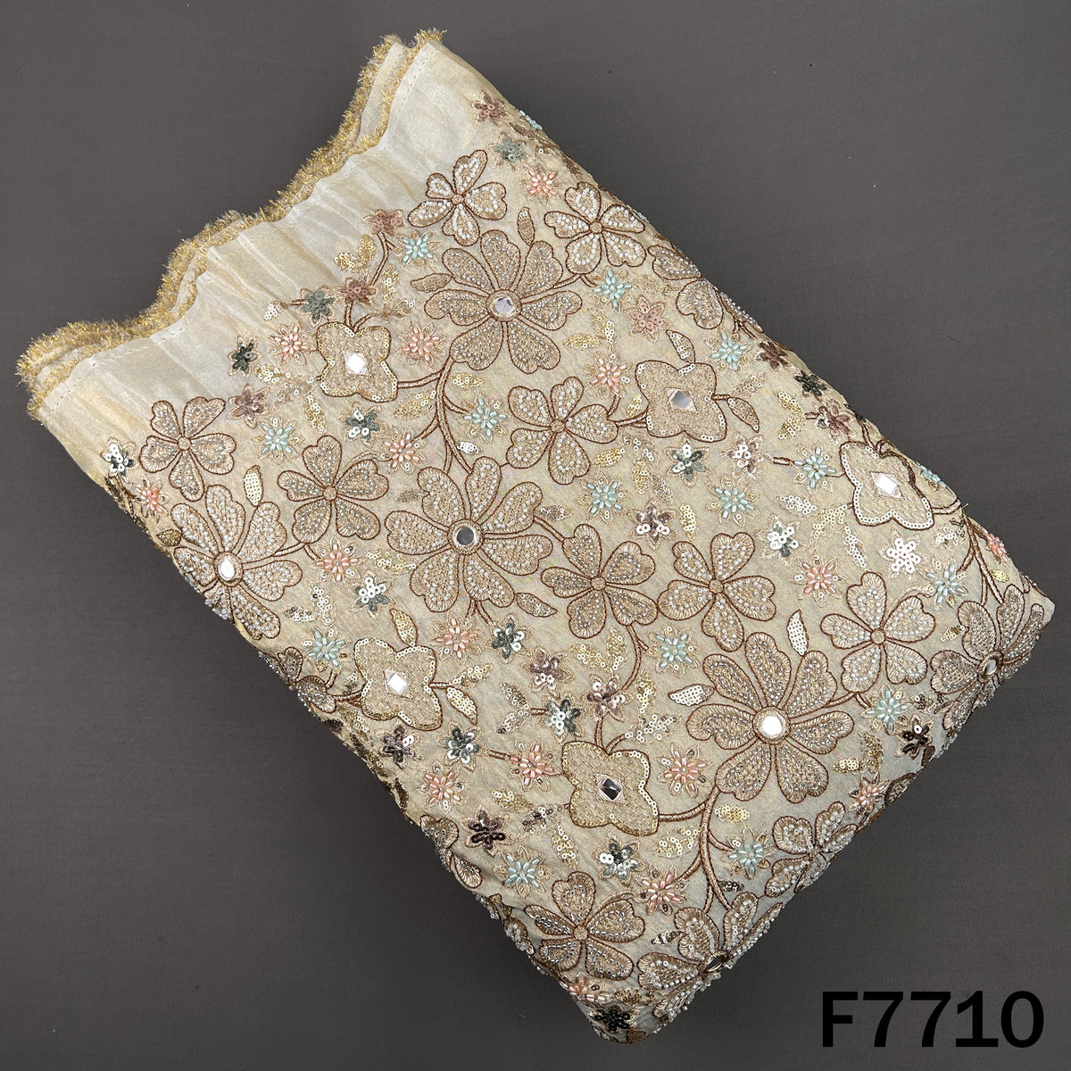 Dyeable Cut Dana Faux Mirror Zari Thread Sequins Embroidered Shimmer Tissue Fabric - F7710