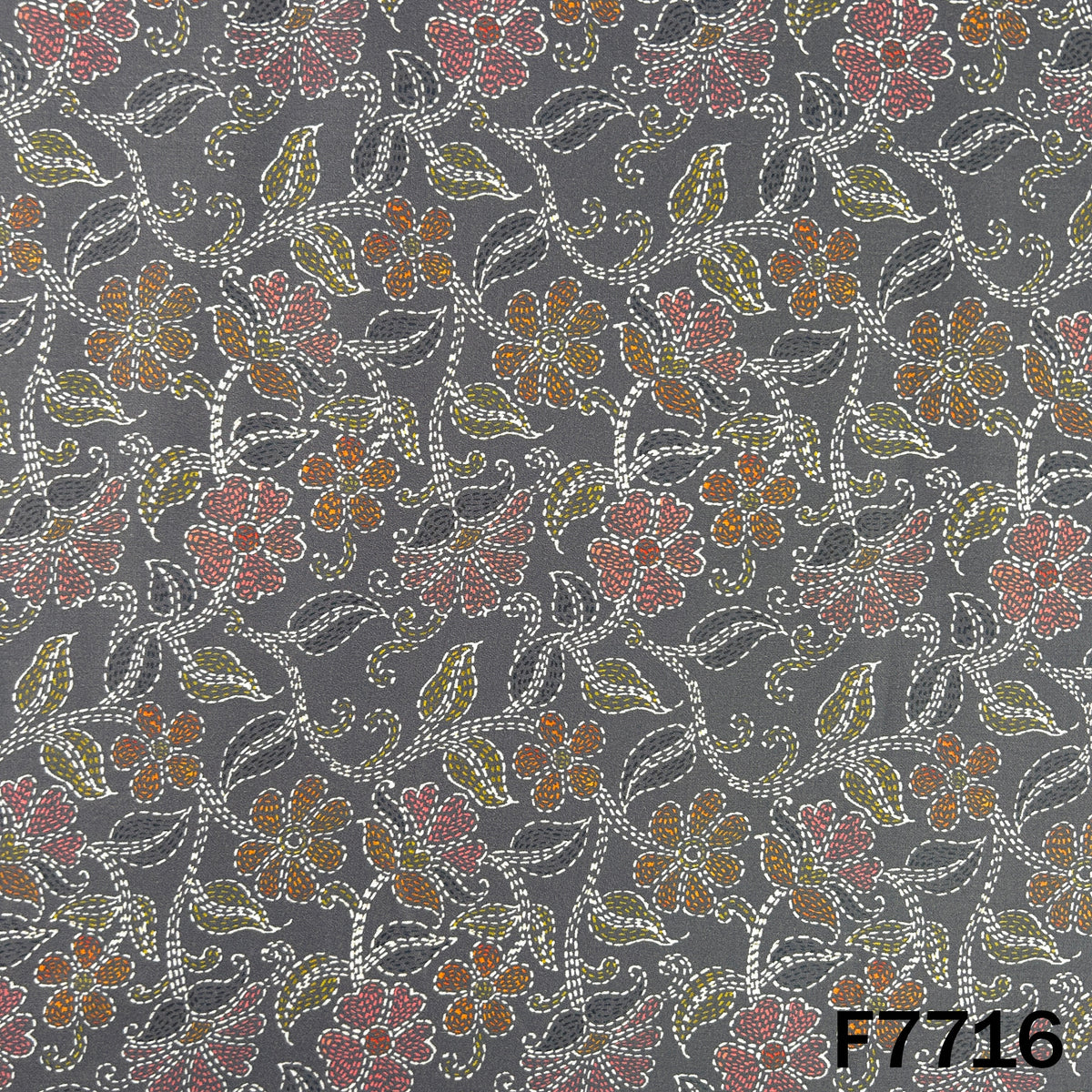 Printed Charcoal Grey Floral Glaze Cotton Fabric - F7716