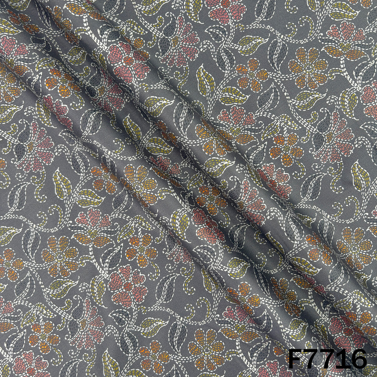Printed Charcoal Grey Floral Glaze Cotton Fabric - F7716