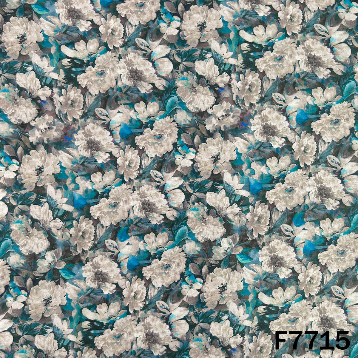 Printed Teal Blue Floral Glaze Cotton Fabric - F7715