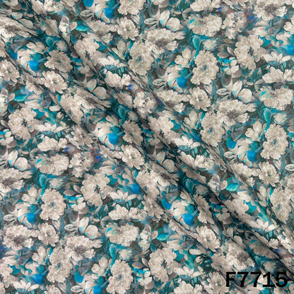 Printed Teal Blue Floral Glaze Cotton Fabric - F7715